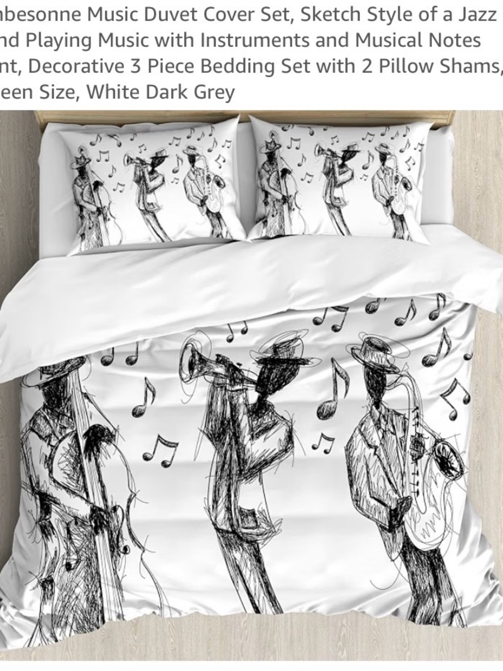 Ambesonne Queen Music Jazz Duvet Cover & 2 Shams Set - Microfiber White & Black